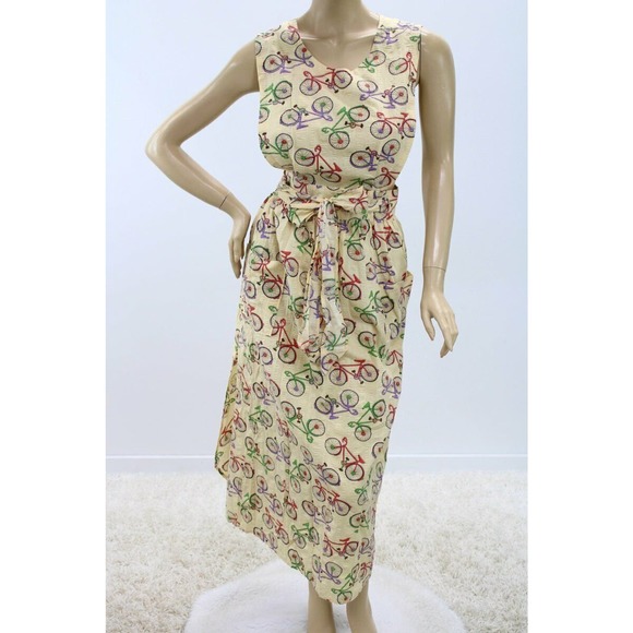 Long Bib Apron Bicycles on Yellow seersucker fabric Wrap style Pinafore M L - Picture 1 of 9